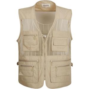 imageFlygo Mens Summer Mesh Fishing Vest Photography Work Multipockets Outdoors Journalists Vest Sleeveless Jacket Small Beige