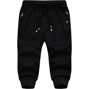 imageFlygo Mens Sweat Shorts Below Knee Cotton Workout Bodybuilding Running 34 Jogger Capri Pants3 Black