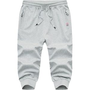 imageFlygo Mens Sweat Shorts Below Knee Cotton Workout Bodybuilding Running 34 Jogger Capri Pants3 Light Grey