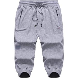 imageFlygo Mens Sweat Shorts Below Knee Cotton Workout Bodybuilding Running 34 Jogger Capri PantsLight Grey 2