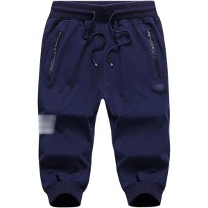 imageFlygo Mens Sweat Shorts Below Knee Cotton Workout Bodybuilding Running 34 Jogger Capri PantsNavy 2