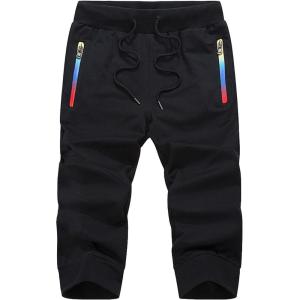 imageFlygo Mens Sweat Shorts Below Knee Cotton Workout Bodybuilding Running 34 Jogger Capri PantsStriped Black