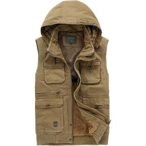 imageFlygo Mens Thickened Sherpa Lined Fishing Vest Outdoor Winter Warm Jacket with Removable HoodKhaki