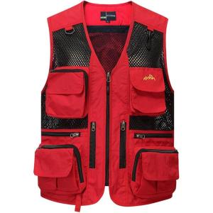imageFlygo Mens Utility Cargo Vest Outdoor Fishing Safari Travel Work Photo Vest with PocketsRed