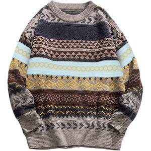 imageFlygo Mens Vintage Grandpa Sweater Crewneck Oversized Striped Aztec Cable Knit Pullover Unisex Jumper TopsGreyM