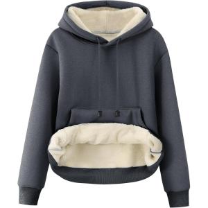 imageFlygo Womens Sherpa Fleece Lined Hoodie Winter Warm Thermal Heavyweight Plain Pullover Thicken Sweatshirt Tops with PocketsDarkgrey