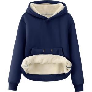 imageFlygo Womens Sherpa Fleece Lined Hoodie Winter Warm Thermal Heavyweight Plain Pullover Thicken Sweatshirt Tops with PocketsNavy