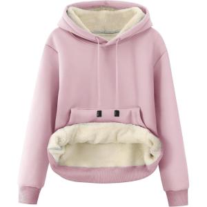 imageFlygo Womens Sherpa Fleece Lined Hoodie Winter Warm Thermal Heavyweight Plain Pullover Thicken Sweatshirt Tops with PocketsPink