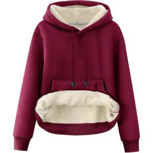 imageFlygo Womens Sherpa Fleece Lined Hoodie Winter Warm Thermal Heavyweight Plain Pullover Thicken Sweatshirt Tops with PocketsWine