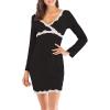 imageFlygo Womens Long Sleeve Short Modal Sleepwear VNeck Lace Trimed NightgownsBlack