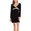 imageFlygo Womens Long Sleeve Short Modal Sleepwear VNeck Lace Trimed NightgownsBlack