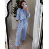 imageFlygo Womens Plaid Pajamas Sets 2 Piece Cotton Pj Set Puff Sleeve Ruffle Babydoll Shirt Gingham Pants Lounge SetsNavy