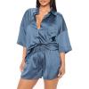 imageFlygo Pajamas for Women Silk Satin Soft Sleepwear Short Sleeve Pajama Sets Button Down Pjs Lounge Set Summer 2 PieceGreyblue