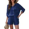imageFlygo Womens 2 Piece Outfits Lounge Short Sets Cotton Linen Roll Up Sleeve Button Down Shirt Top Shorts SetBlue