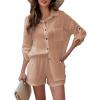 imageFlygo Womens 2 Piece Outfits Lounge Short Sets Cotton Linen Roll Up Sleeve Button Down Shirt Top Shorts SetKhaki