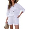 imageFlygo Womens 2 Piece Outfits Lounge Short Sets Cotton Linen Roll Up Sleeve Button Down Shirt Top Shorts SetWhite