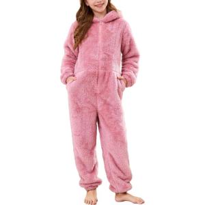 imageFlygo Girls Fleece Jumpsuits Fuzzy Hooded Rompers Kids Zip up Onesie Romper Costume Warm Winter Clothes 714 YearsPink