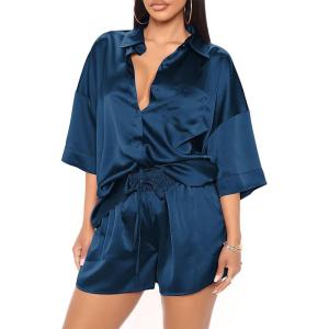imageFlygo Pajamas for Women Silk Satin Soft Sleepwear Short Sleeve Pajama Sets Button Down Pjs Lounge Set Summer 2 PieceNavy