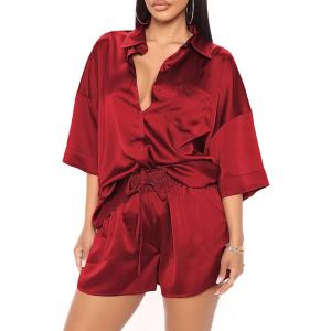 imageFlygo Pajamas for Women Silk Satin Soft Sleepwear Short Sleeve Pajama Sets Button Down Pjs Lounge Set Summer 2 PieceRed