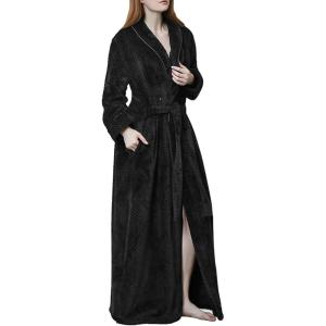 imageFlygo Women Fleece Long Robe Plush Long Bathrobes Soft Warm Sleepwear Pjs Loungewear with PocketsBlackL