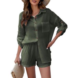 imageFlygo Womens 2 Piece Outfits Lounge Short Sets Cotton Linen Roll Up Sleeve Button Down Shirt Top Shorts SetArmy Green