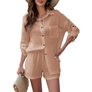 imageFlygo Womens 2 Piece Outfits Lounge Short Sets Cotton Linen Roll Up Sleeve Button Down Shirt Top Shorts SetKhaki