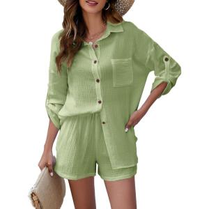 imageFlygo Womens 2 Piece Outfits Lounge Short Sets Cotton Linen Roll Up Sleeve Button Down Shirt Top Shorts SetLight Green