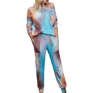 imageFlygo Womens 2 Pieces Tie Dye Pajamas Long Sleeve Tops and Pants PJ Sets Joggers Loungewear SleepwearBlue