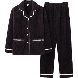 imageFlygo Womens Fluffy Pajama Sets Fleece Warm Lapel Top and Pant Sleepwear LoungewearBlack