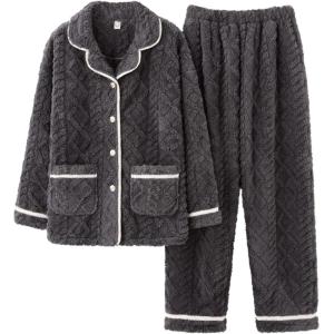 imageFlygo Womens Fluffy Pajama Sets Fleece Warm Lapel Top and Pant Sleepwear LoungewearGrey