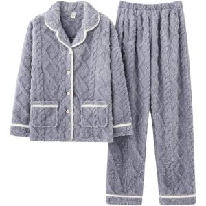 imageFlygo Womens Fluffy Pajama Sets Fleece Warm Lapel Top and Pant Sleepwear LoungewearLight Grey