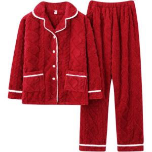 imageFlygo Womens Fluffy Pajama Sets Fleece Warm Lapel Top and Pant Sleepwear LoungewearRed