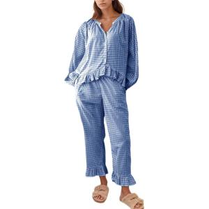imageFlygo Womens Plaid Pajamas Sets 2 Piece Cotton Pj Set Puff Sleeve Ruffle Babydoll Shirt Gingham Pants Lounge SetsNavy