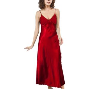 imageFlygo Womens Satin Nightgown Dress Silk Lace Sleeveless Long Chemise Lingerie SleepwearRed