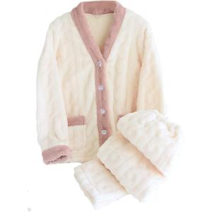 imageFlygo Womens Winter Fluffy Pajamas Set Fleece Button Tops and Pants Plush Loungewear SleepwearBeige
