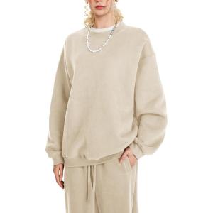 imageFlygo Womens 2 Piece Outfit Fleece Sweatsuit Sets Crewneck Long Sleeve Pullover Wide Leg Jogger Sweatpants Matching TracksuitKhaki