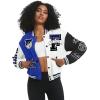 imageFlygo Womens Cropped Varsity Jacket Baseball Jacket Colorblock Letter Print Y2k Button Down Bomber UniformBlue