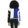 imageFlygo Womens Cropped Varsity Jacket Baseball Jacket Colorblock Letter Print Y2k Button Down Bomber UniformBlue