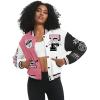 imageFlygo Womens Cropped Varsity Jacket Baseball Jacket Colorblock Letter Print Y2k Button Down Bomber UniformPink