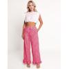 imageFlygo Womens Gingham Pants Y2K Cotton Wide Leg Ruffle Hem Lounge Pants Plaid Elastic Wasited Trouser with PocketsWine
