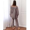 imageFlygo Womens Plaid Pajamas Sets 2 Piece Cotton Pj Set Puff Sleeve Ruffle Babydoll Shirt Gingham Pants Lounge SetsCoffee