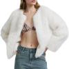 imageFlygo Women Faux Fur Coat Fluffy Long Sleeve Open Front Cropped Furry Jacket Shaggy 2025 Warm Winter Outwear with PocketsBeige
