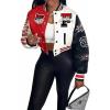 imageFlygo Womens Cropped Varsity Jacket Baseball Jacket Colorblock Letter Print Y2k Button Down Bomber UniformRed