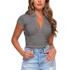imageFlygo Womens Sexy V Neck Short Sleeve Collared Ribbed Tee Crop Top Golf Polo ShirtGrey