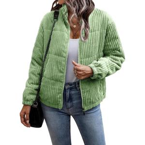imageFlygo Corduroy Puffer Jacket Women Quilted Jackets Lightweight Baggy Zip Spring Fall Jackets Coats 2024Bean Green