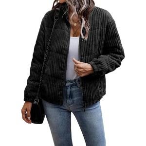 imageFlygo Corduroy Puffer Jacket Women Quilted Jackets Lightweight Baggy Zip Spring Fall Jackets Coats 2024Black