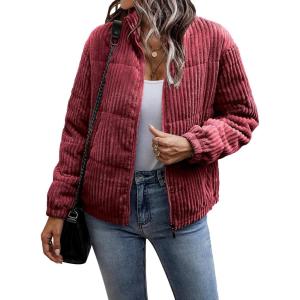 imageFlygo Corduroy Puffer Jacket Women Quilted Jackets Lightweight Baggy Zip Spring Fall Jackets Coats 2024Burgundy
