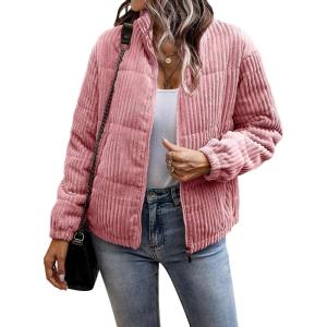 imageFlygo Corduroy Puffer Jacket Women Quilted Jackets Lightweight Baggy Zip Spring Fall Jackets Coats 2024Pink