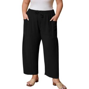 imageFlygo Plus Size Pants for Women Summer Casual Wide Leg Palazzo Pants Baggy Trousers with PocketsBlack