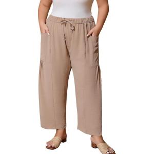 imageFlygo Plus Size Pants for Women Summer Casual Wide Leg Palazzo Pants Baggy Trousers with PocketsKhaki